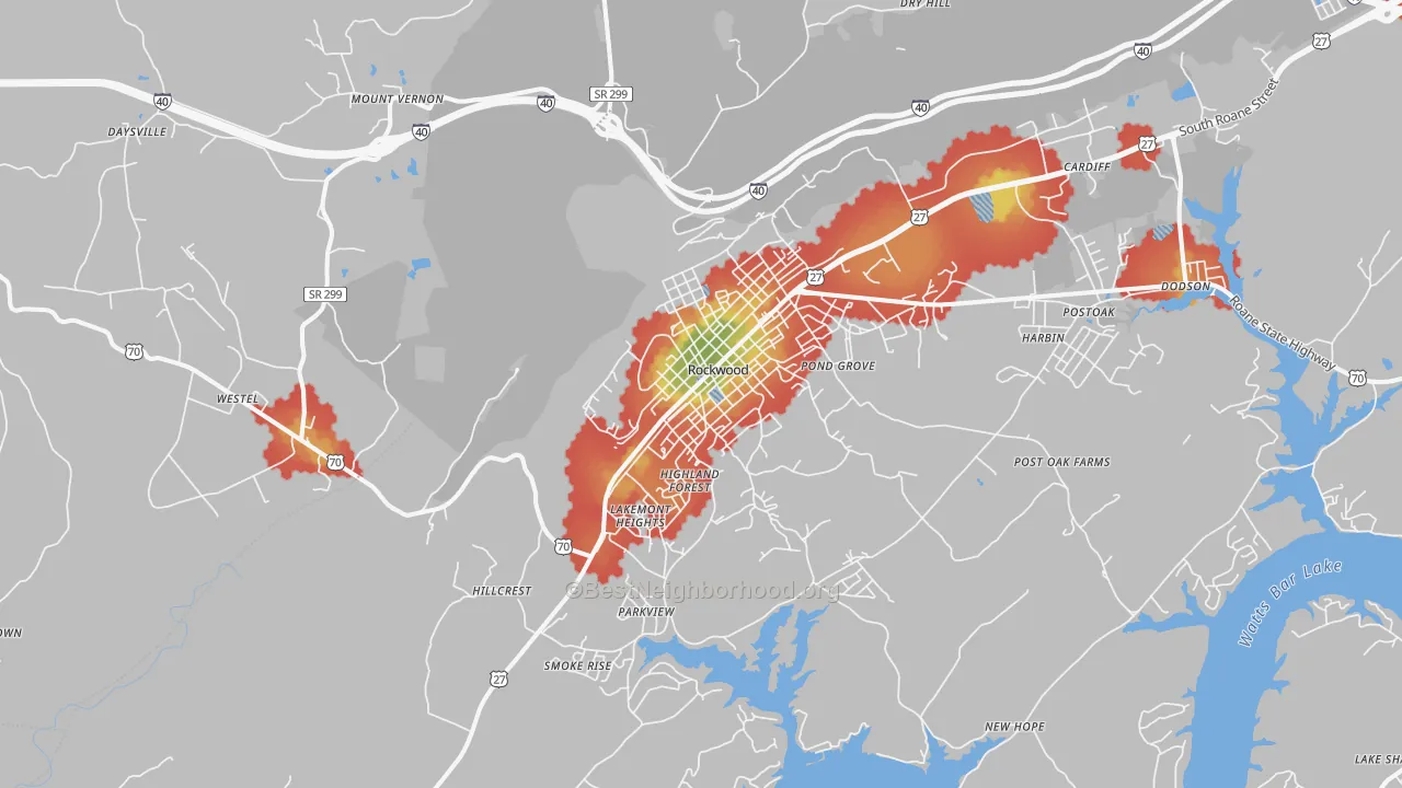 Walk Grade map of 37854, TN, walkable areas in green and car-dependent areas in red