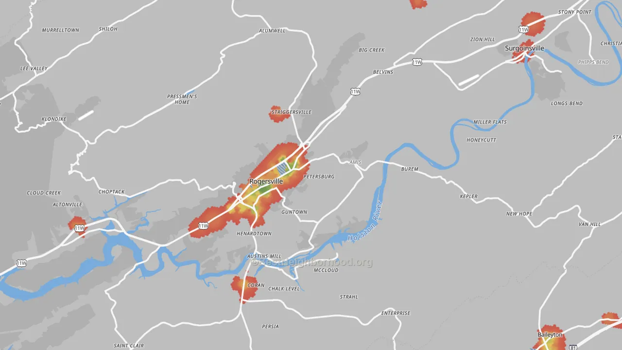 Walk Grade map of 37857, TN, walkable areas in green and car-dependent areas in red