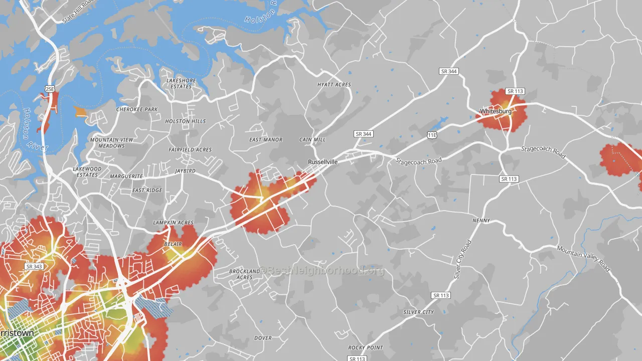 Walk Grade map of 37860, TN, walkable areas in green and car-dependent areas in red