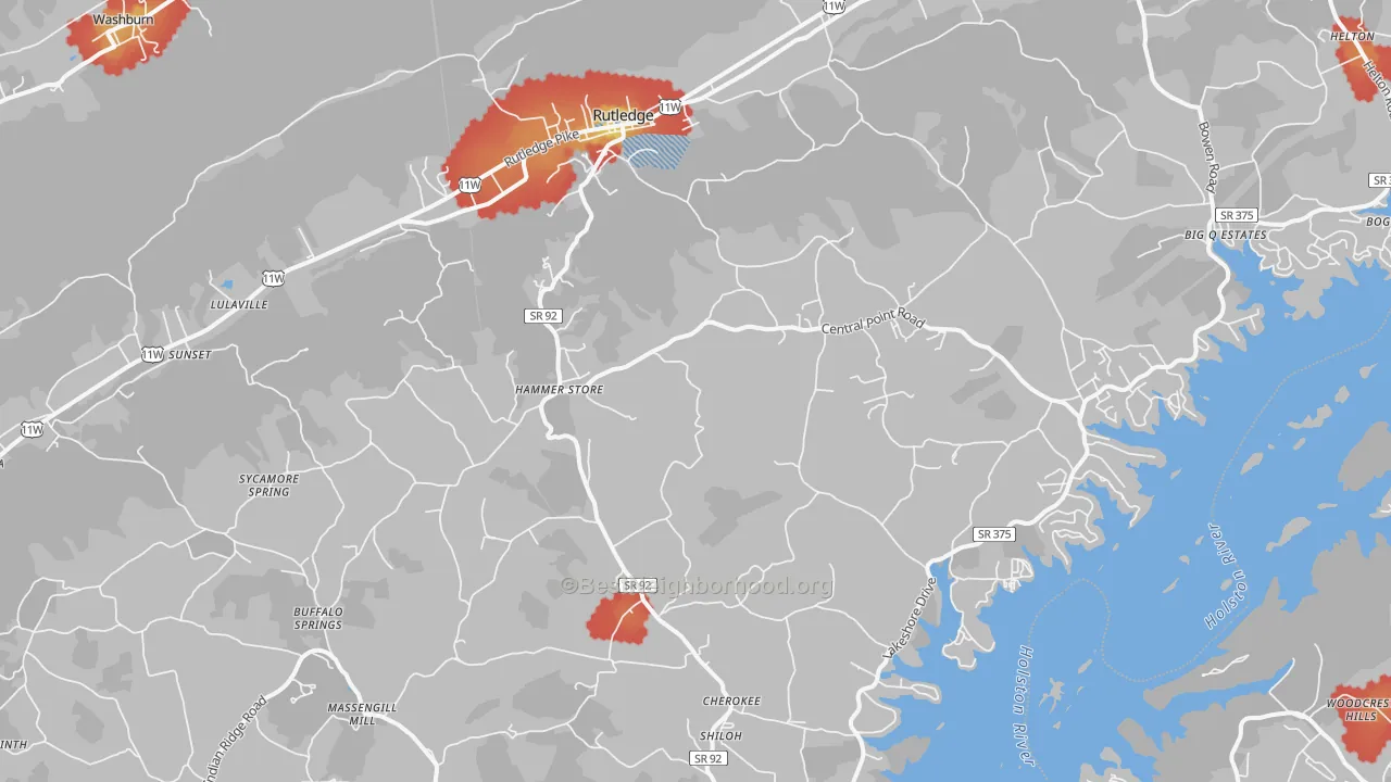 Walk Grade map of 37861, TN, walkable areas in green and car-dependent areas in red