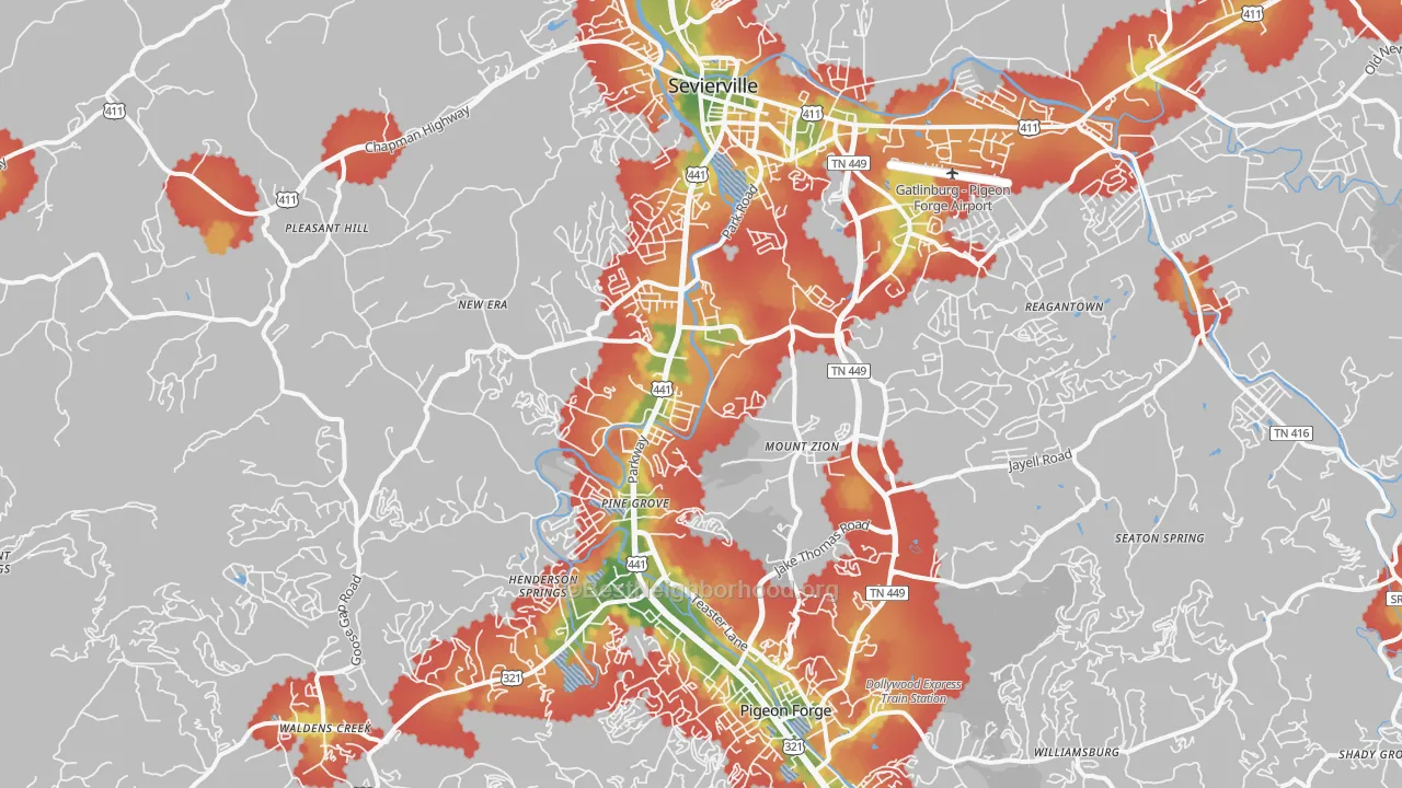 Walk Grade map of 37862, TN, walkable areas in green and car-dependent areas in red
