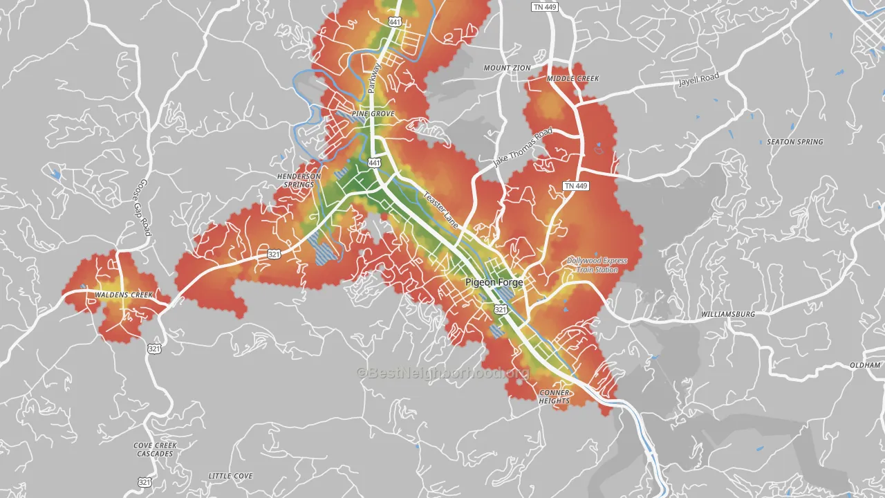 Walk Grade map of 37863, TN, walkable areas in green and car-dependent areas in red