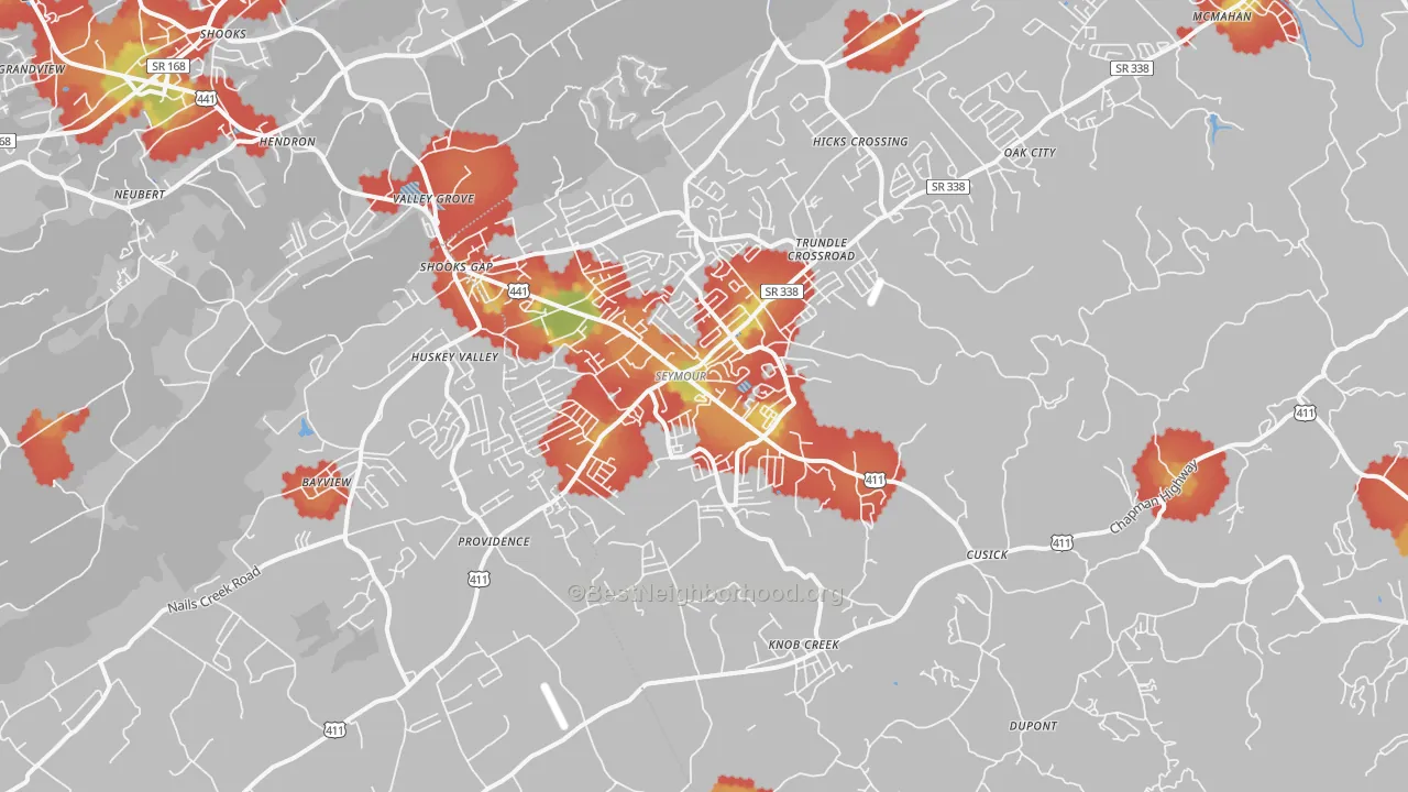 Walk Grade map of 37865, TN, walkable areas in green and car-dependent areas in red