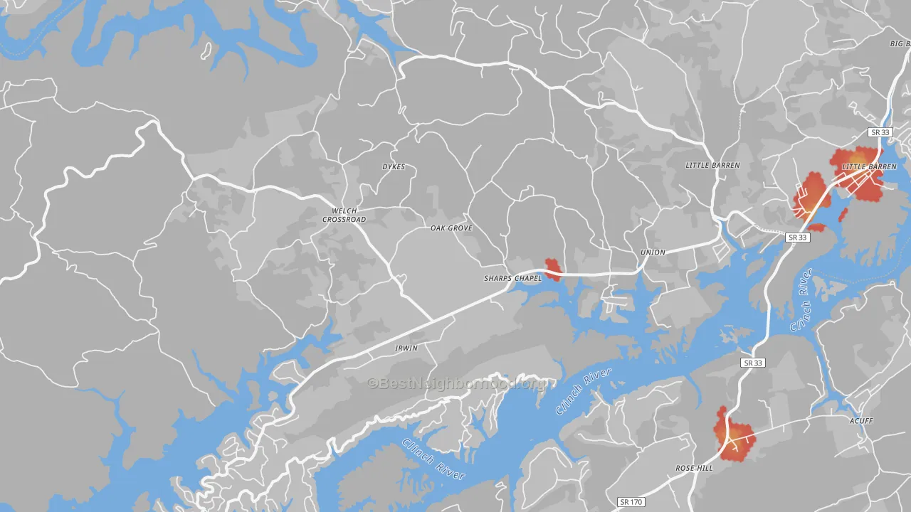 Walk Grade map of 37866, TN, walkable areas in green and car-dependent areas in red