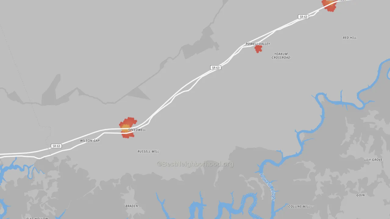 Walk Grade map of 37870, TN, walkable areas in green and car-dependent areas in red