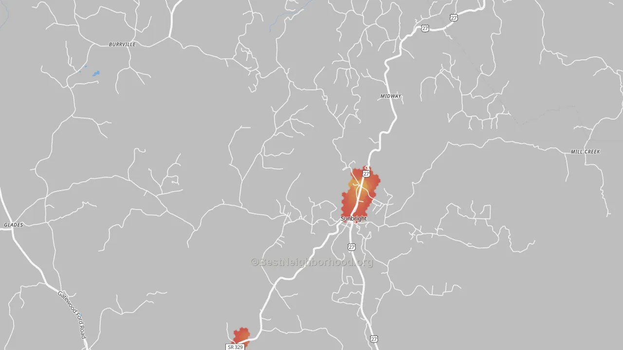 Walk Grade map of 37872, TN, walkable areas in green and car-dependent areas in red