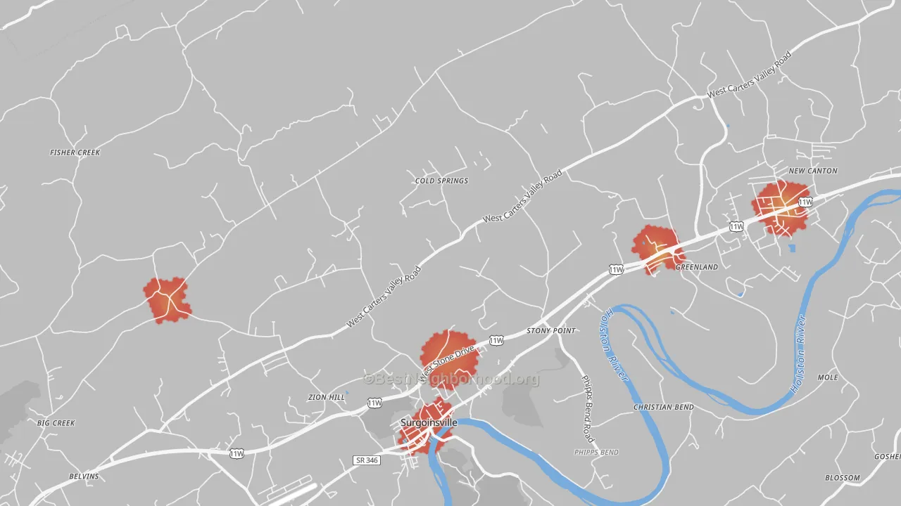 Walk Grade map of 37873, TN, walkable areas in green and car-dependent areas in red