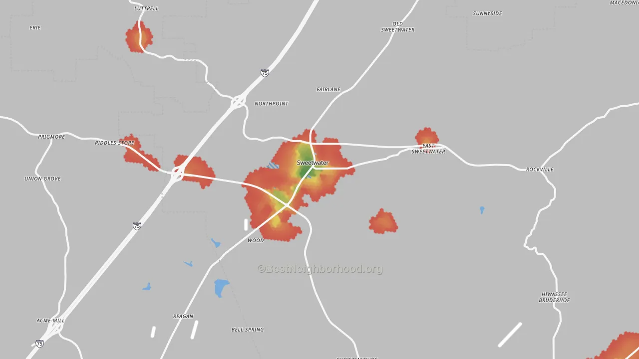 Walk Grade map of 37874, TN, walkable areas in green and car-dependent areas in red