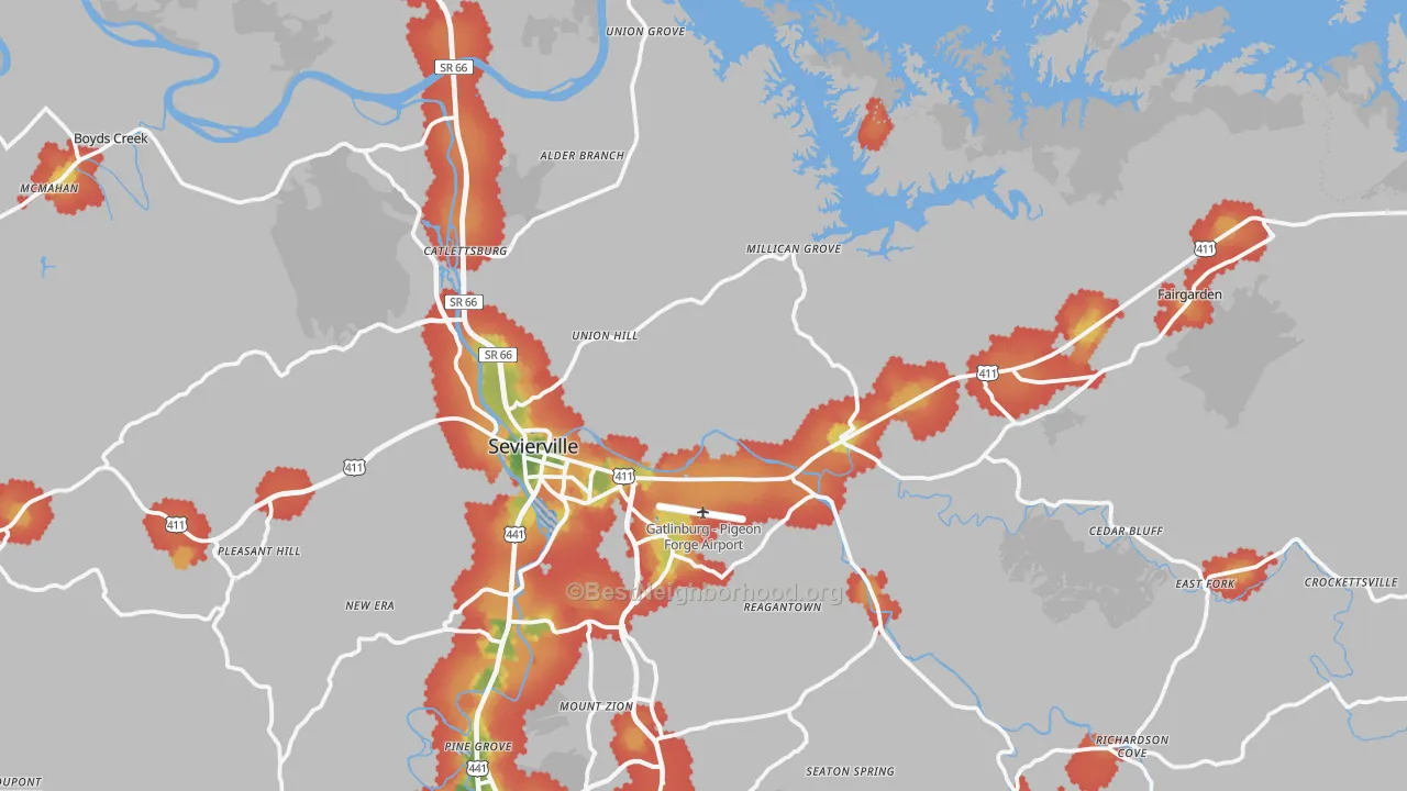 Walk Grade map of 37876, TN, walkable areas in green and car-dependent areas in red