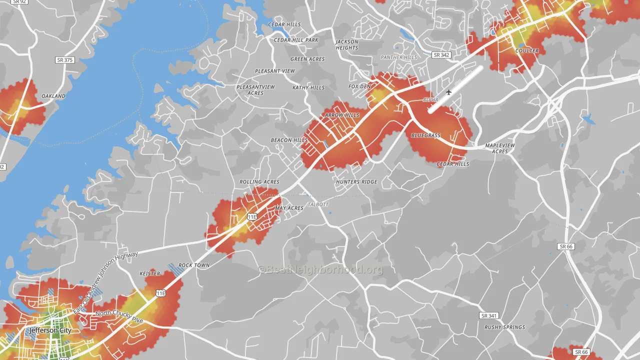 Walk Grade map of 37877, TN, walkable areas in green and car-dependent areas in red
