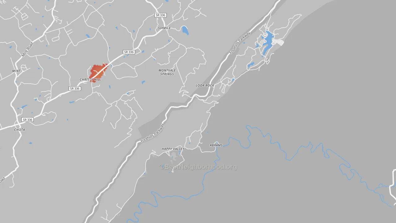 Walk Grade map of 37878, TN, walkable areas in green and car-dependent areas in red