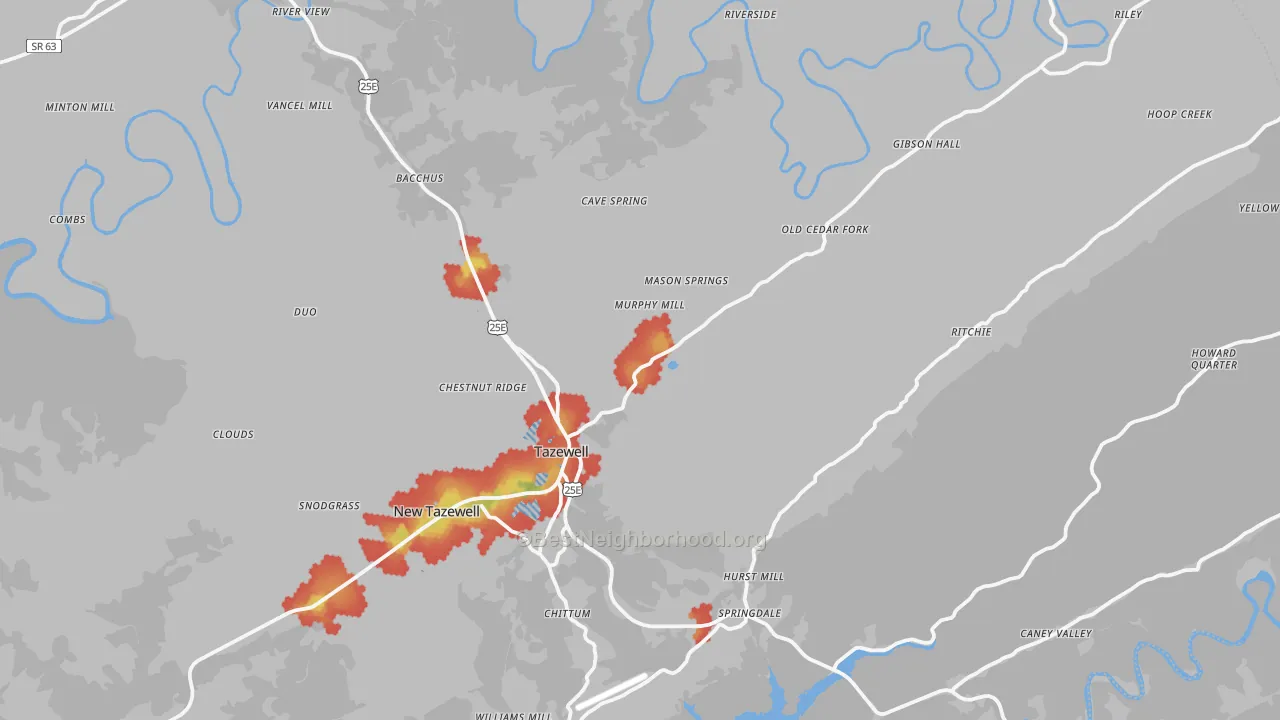 Walk Grade map of 37879, TN, walkable areas in green and car-dependent areas in red