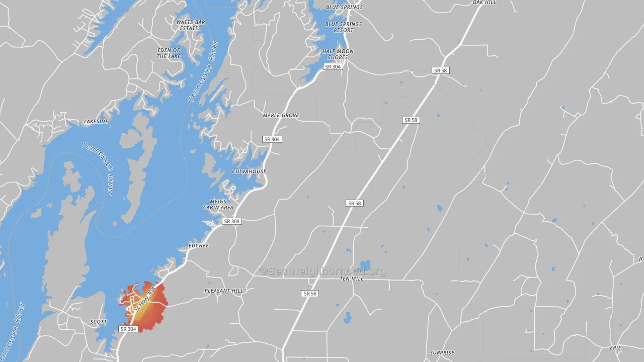 Walk Grade map of 37880, TN, walkable areas in green and car-dependent areas in red