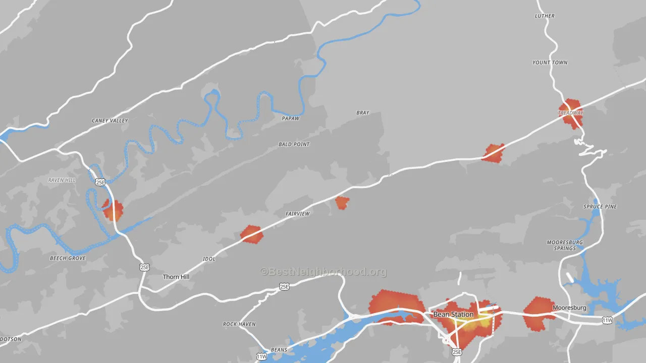Walk Grade map of 37881, TN, walkable areas in green and car-dependent areas in red