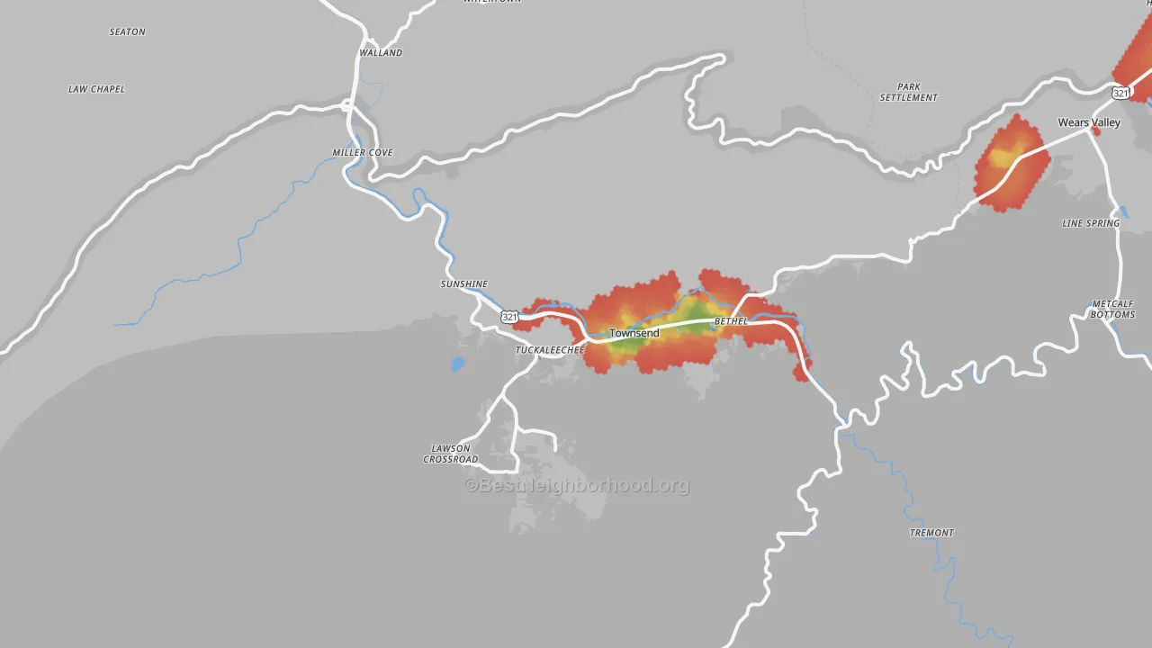 Walk Grade map of 37882, TN, walkable areas in green and car-dependent areas in red