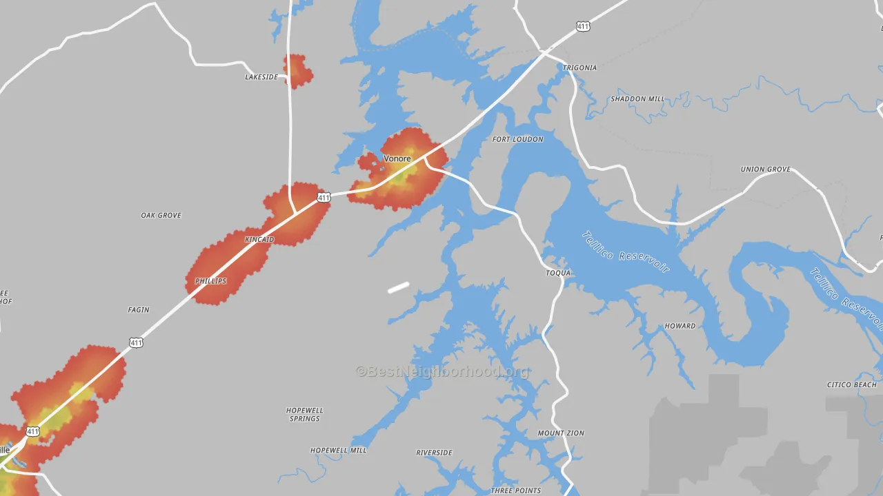 Walk Grade map of 37885, TN, walkable areas in green and car-dependent areas in red
