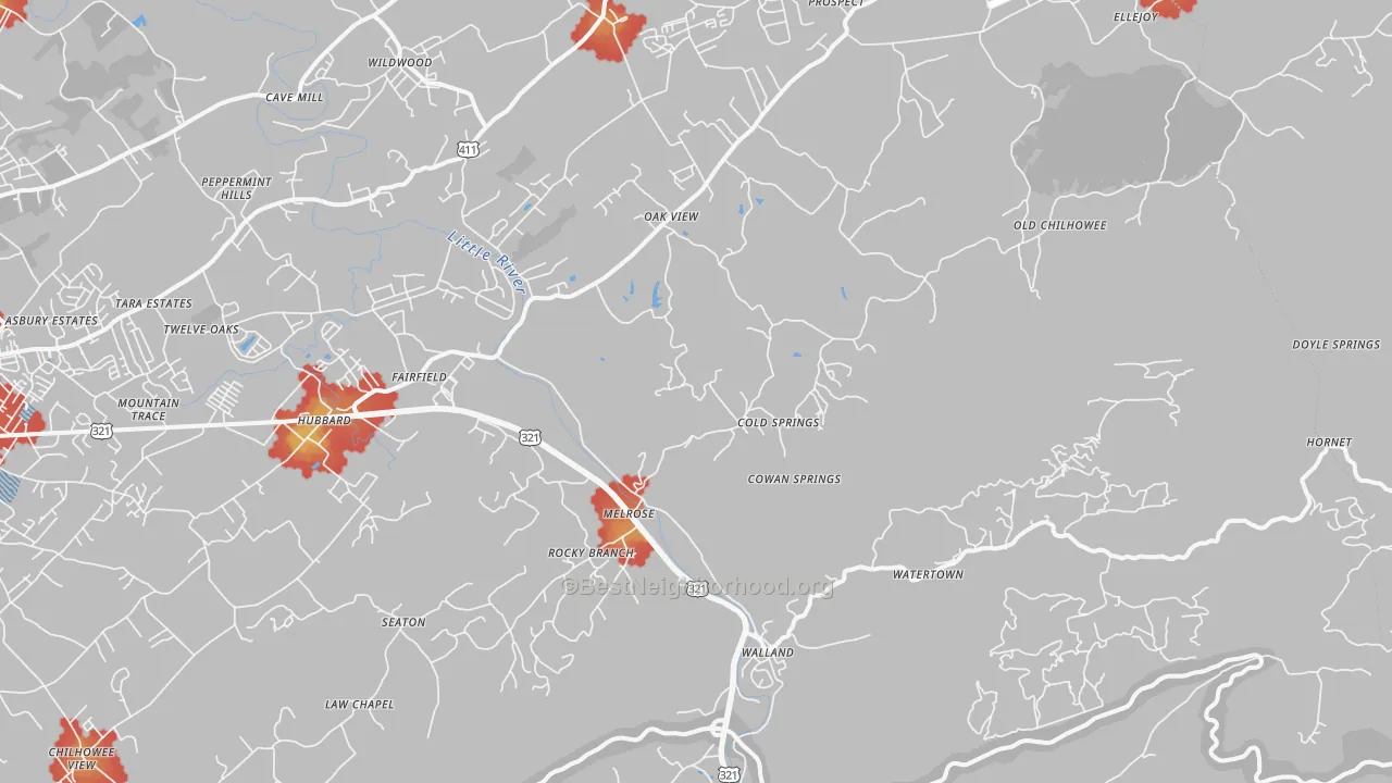 Walk Grade map of 37886, TN, walkable areas in green and car-dependent areas in red