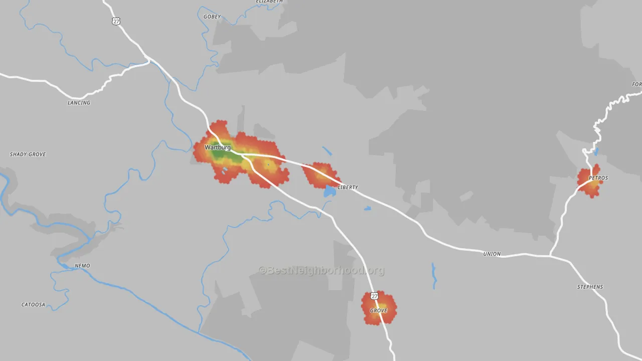 Walk Grade map of 37887, TN, walkable areas in green and car-dependent areas in red