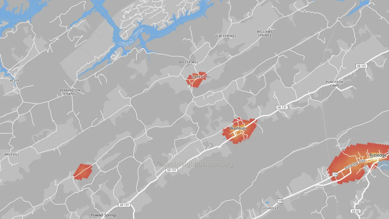 Walk Grade map of 37888, TN, walkable areas in green and car-dependent areas in red