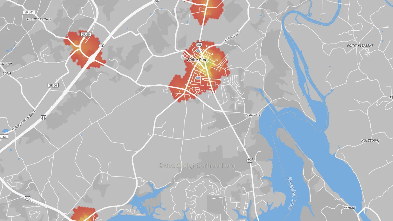 Walk Grade map of 37890, TN, walkable areas in green and car-dependent areas in red