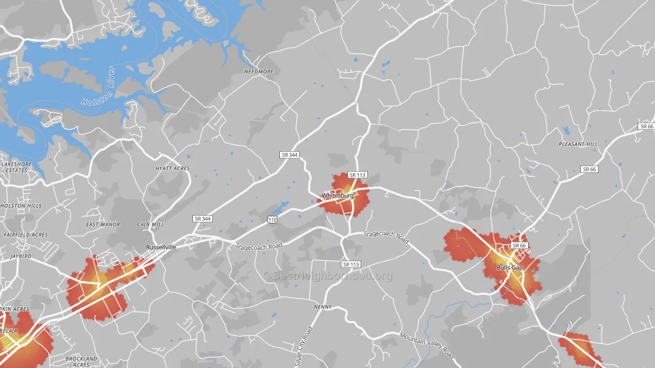 Walk Grade map of 37891, TN, walkable areas in green and car-dependent areas in red