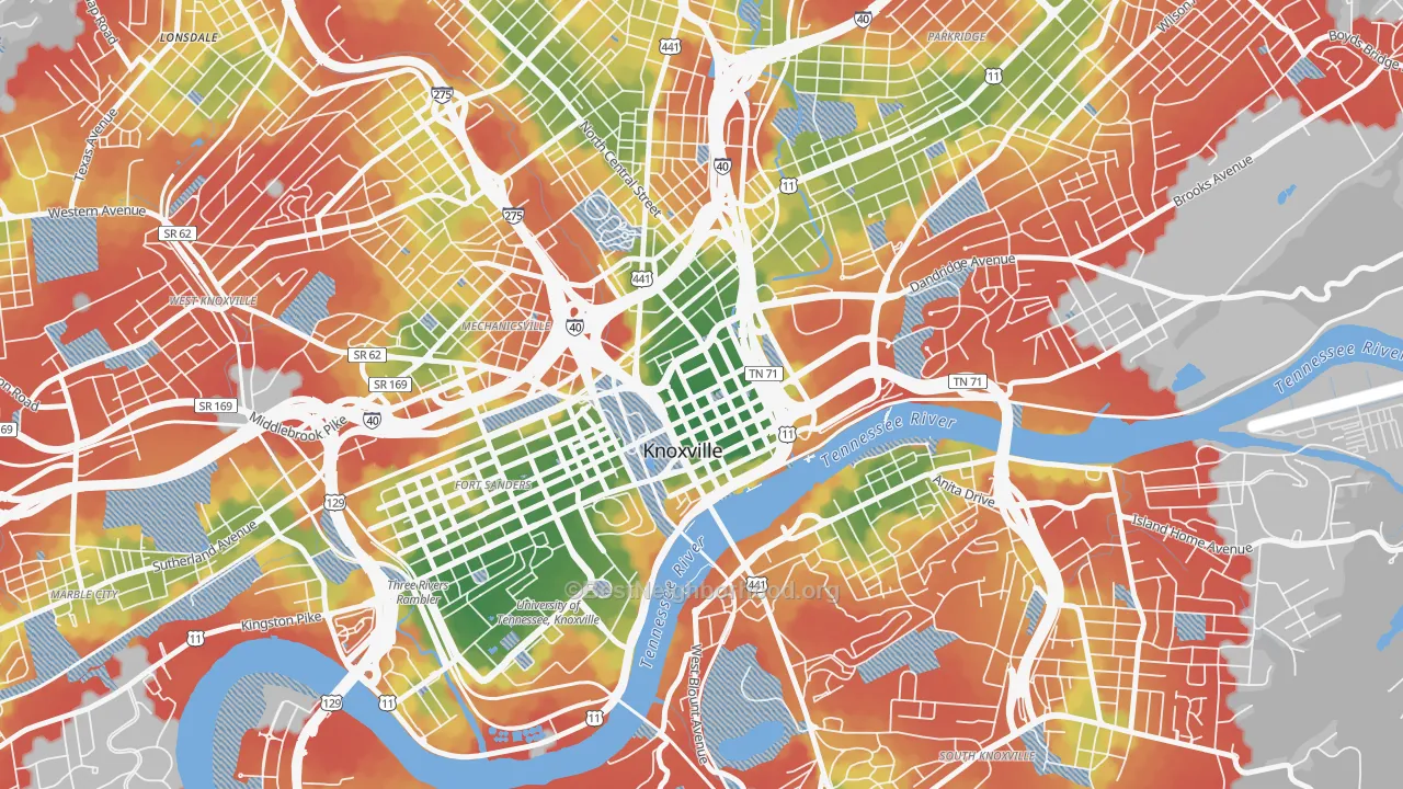 Walk Grade map of 37902, TN, walkable areas in green and car-dependent areas in red
