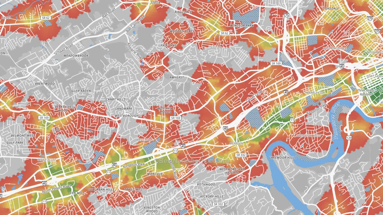 Walk Grade map of 37909, TN, walkable areas in green and car-dependent areas in red
