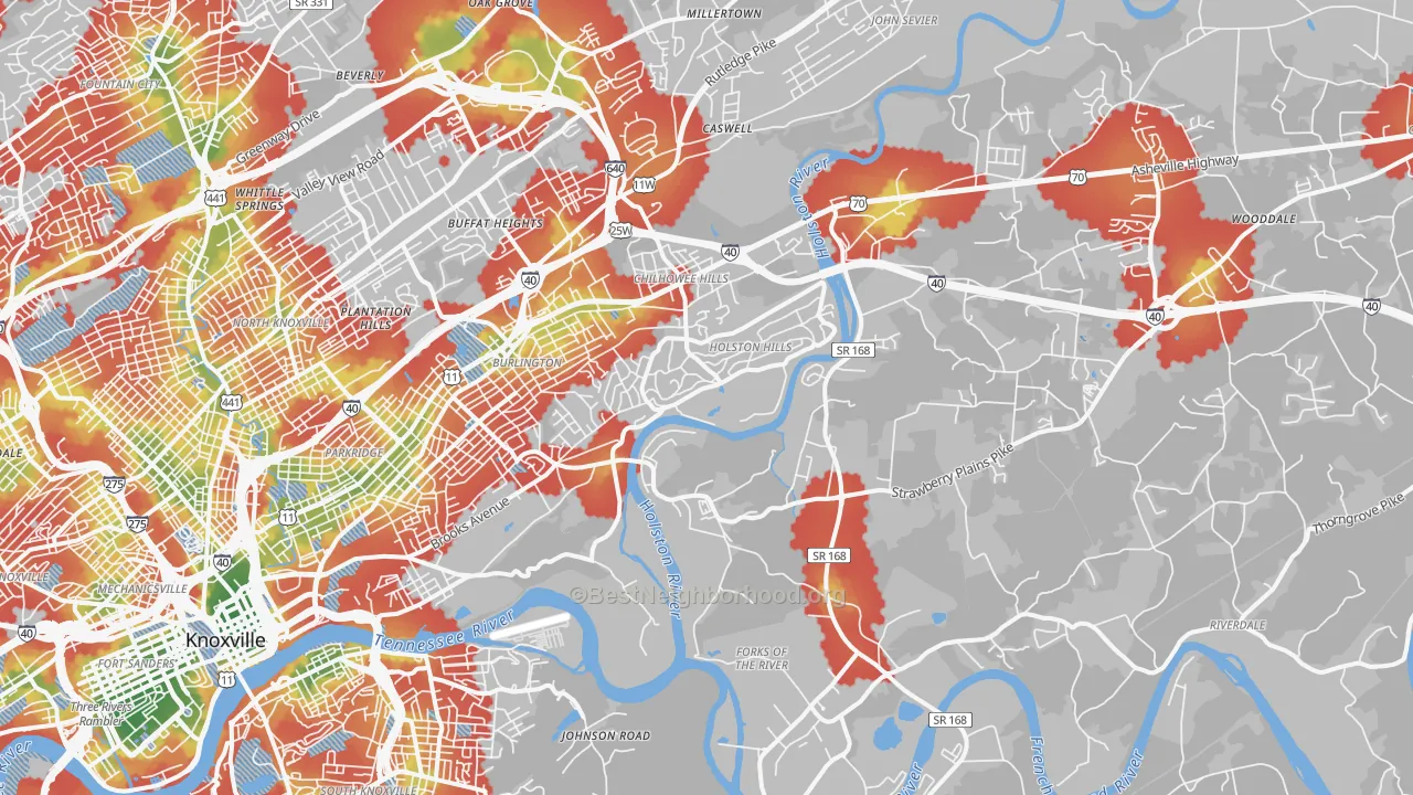 Walk Grade map of 37914, TN, walkable areas in green and car-dependent areas in red