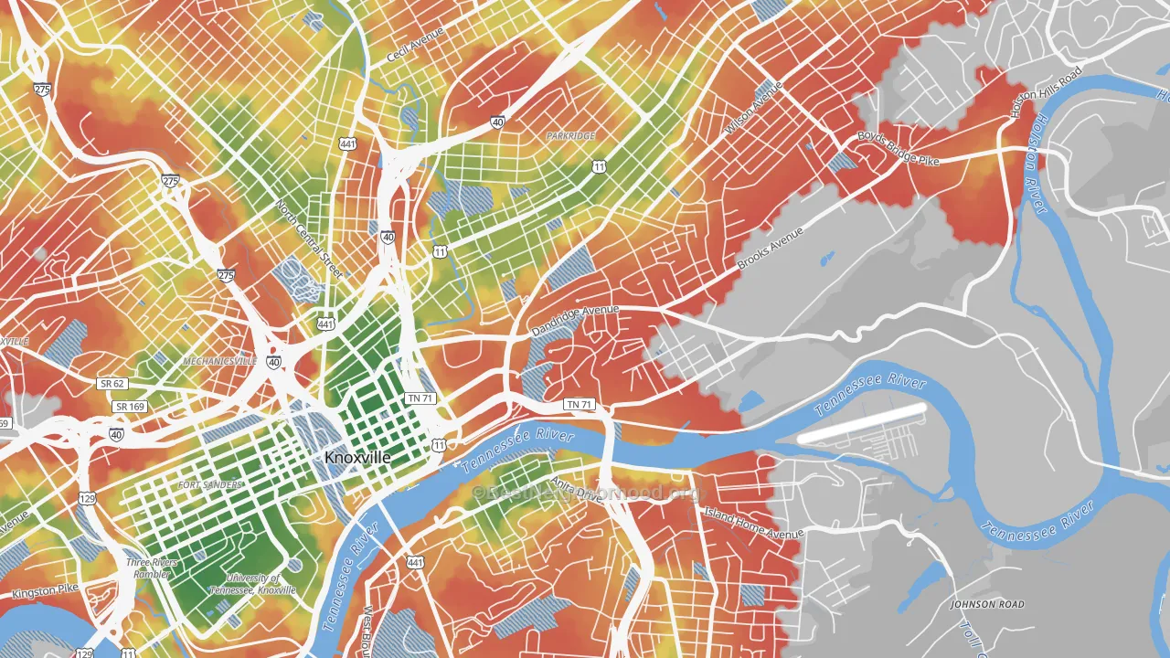 Walk Grade map of 37915, TN, walkable areas in green and car-dependent areas in red