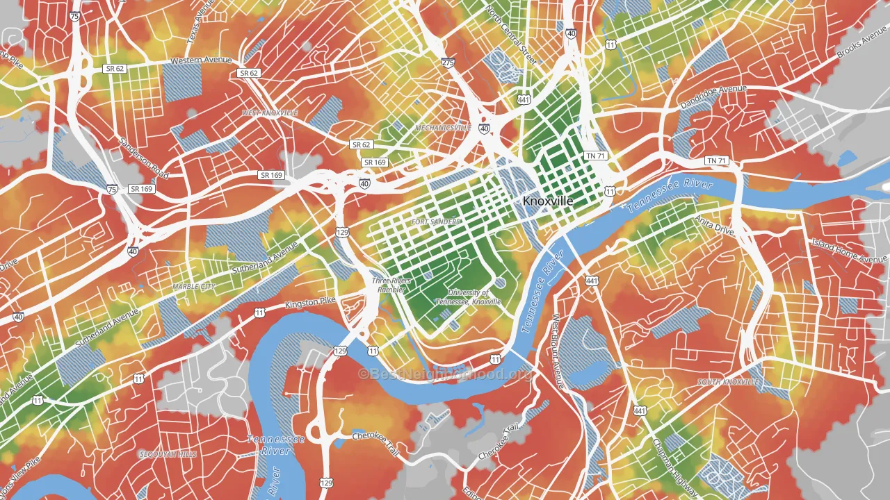 Walk Grade map of 37916, TN, walkable areas in green and car-dependent areas in red