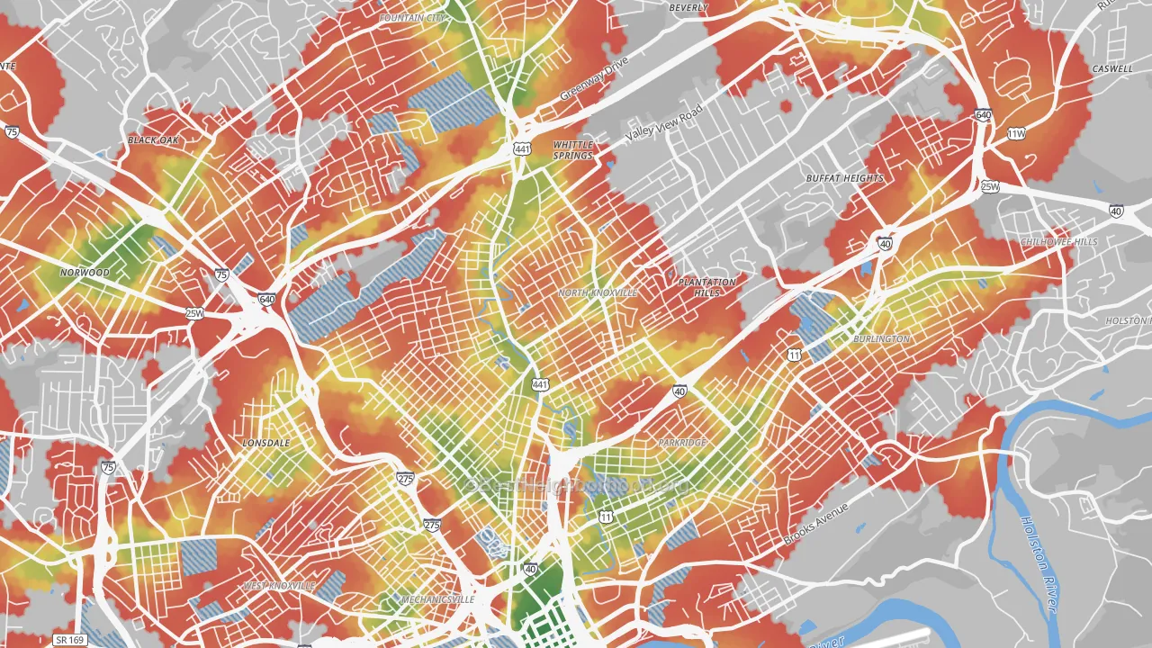 Walk Grade map of 37917, TN, walkable areas in green and car-dependent areas in red