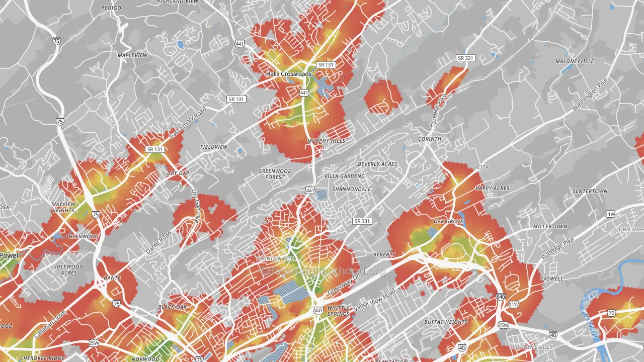 Walk Grade map of 37918, TN, walkable areas in green and car-dependent areas in red