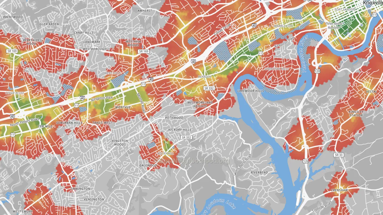 Walk Grade map of 37919, TN, walkable areas in green and car-dependent areas in red