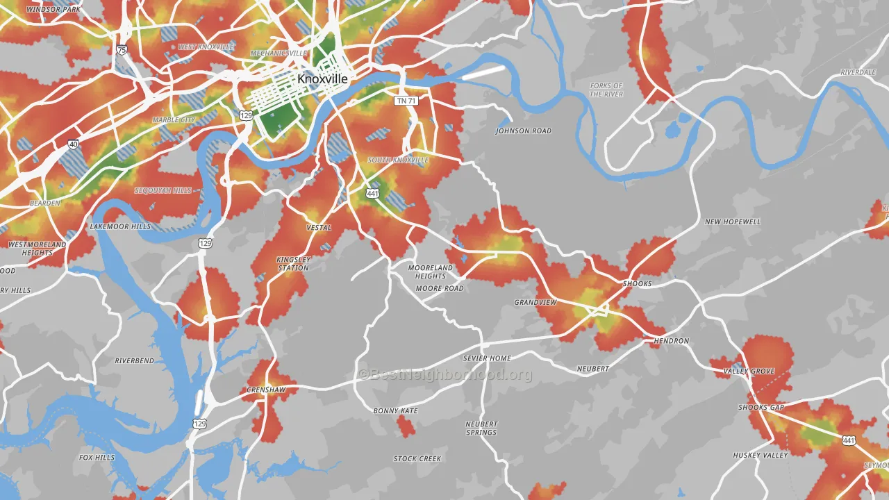 Walk Grade map of 37920, TN, walkable areas in green and car-dependent areas in red
