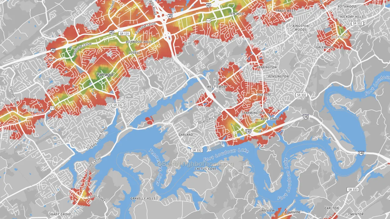 Walk Grade map of 37922, TN, walkable areas in green and car-dependent areas in red