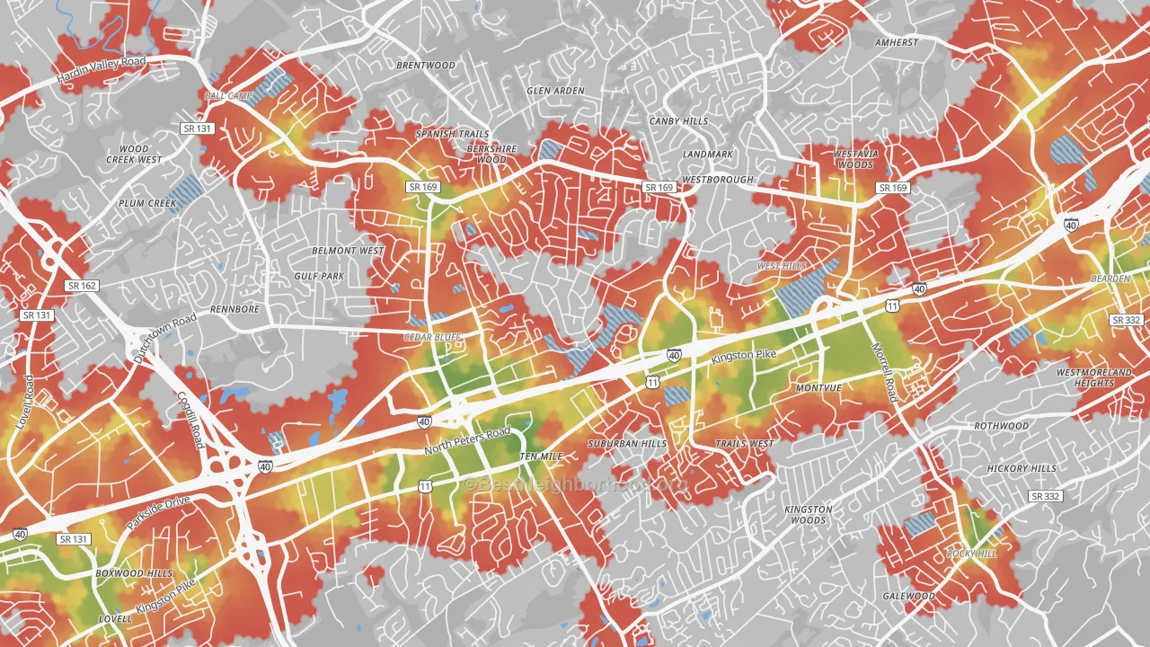 Walk Grade map of 37923, TN, walkable areas in green and car-dependent areas in red