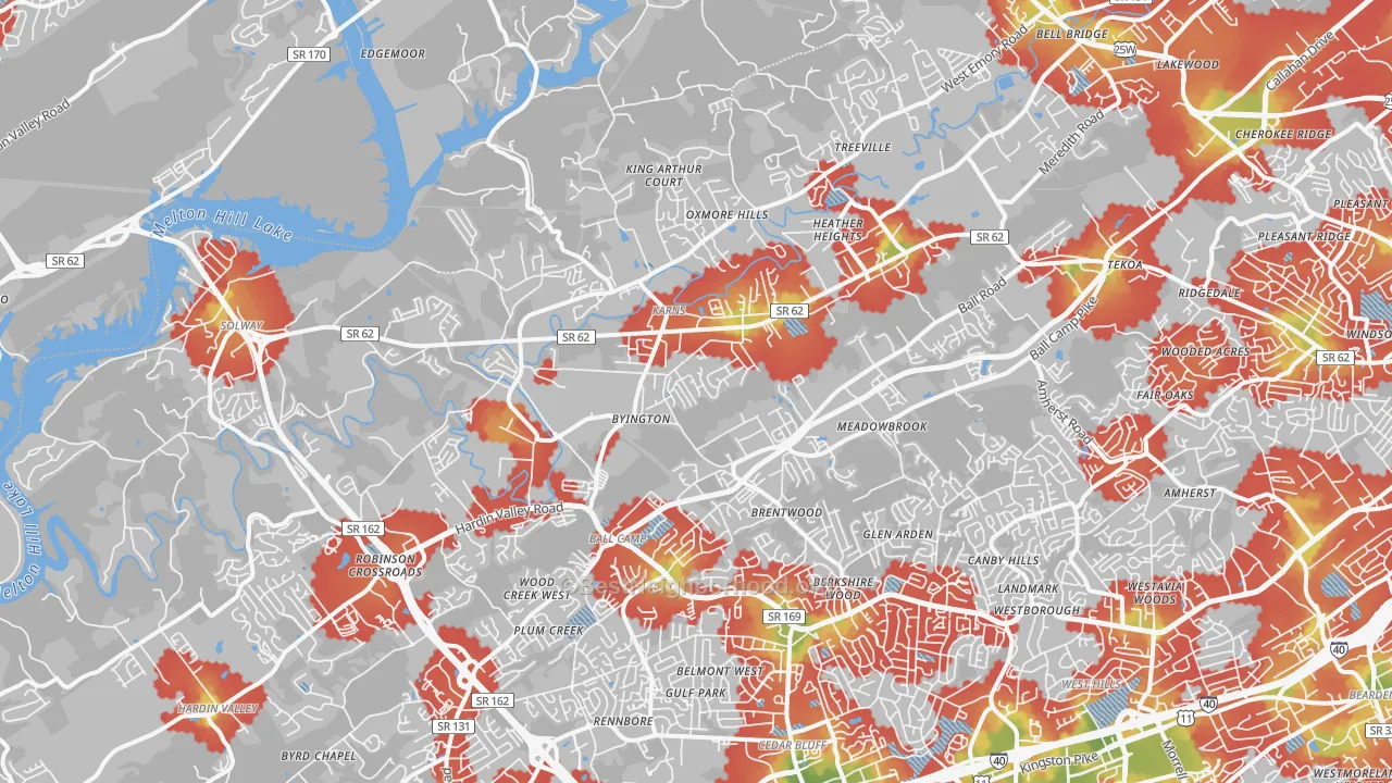 Walk Grade map of 37931, TN, walkable areas in green and car-dependent areas in red