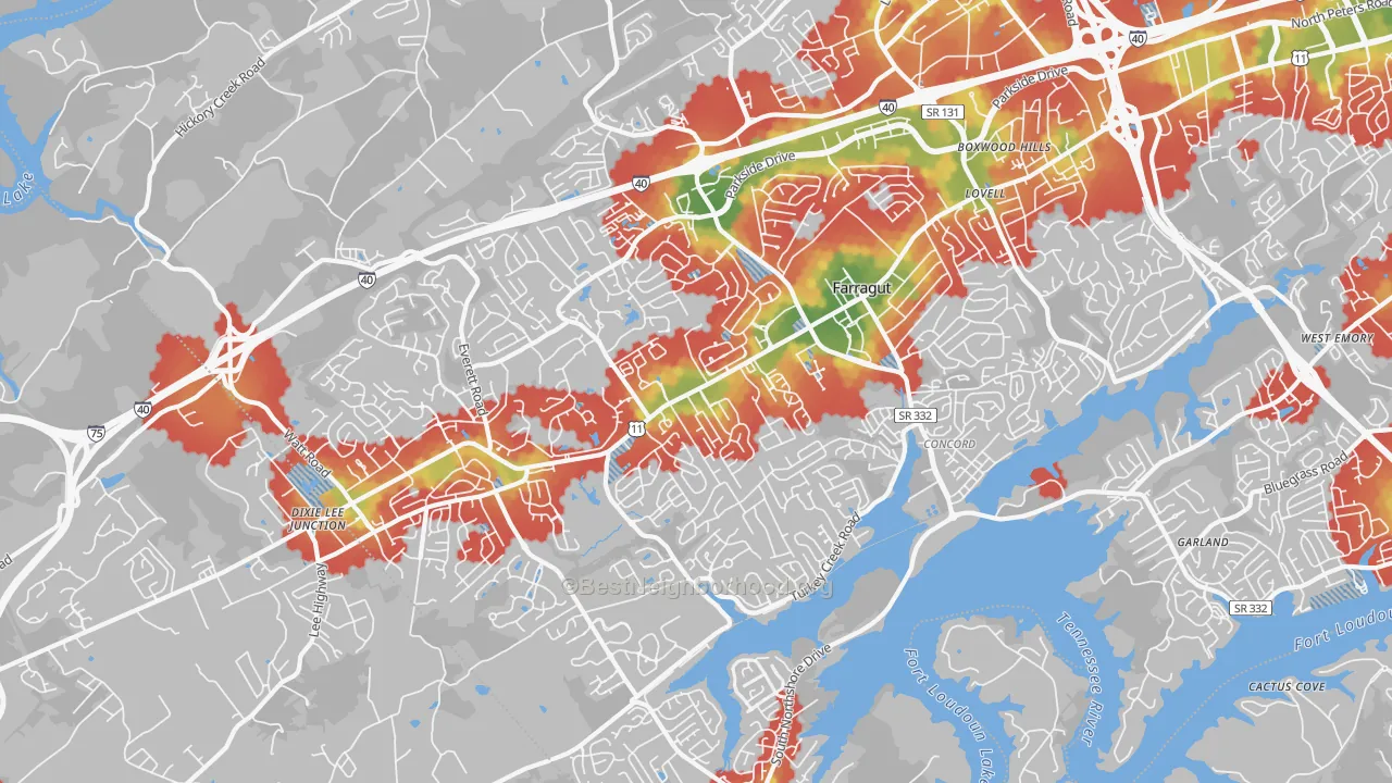 Walk Grade map of 37934, TN, walkable areas in green and car-dependent areas in red
