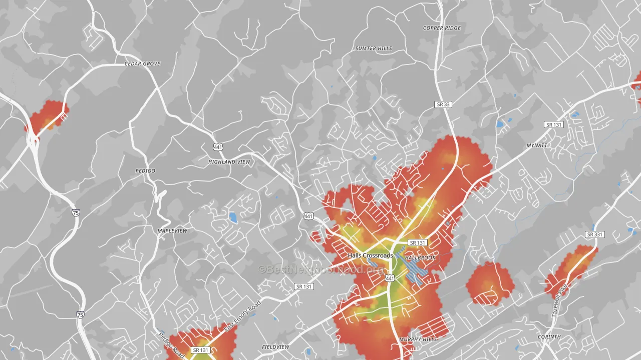 Walk Grade map of 37938, TN, walkable areas in green and car-dependent areas in red