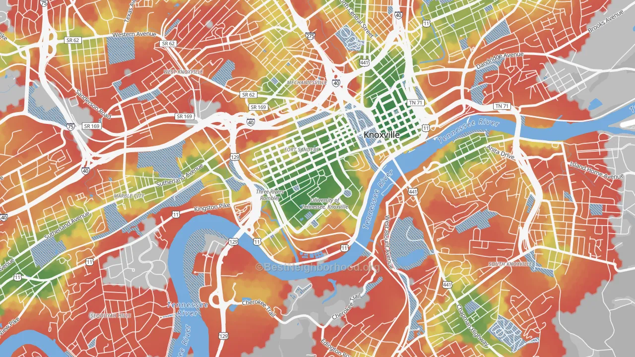 Walk Grade map of 37996, TN, walkable areas in green and car-dependent areas in red