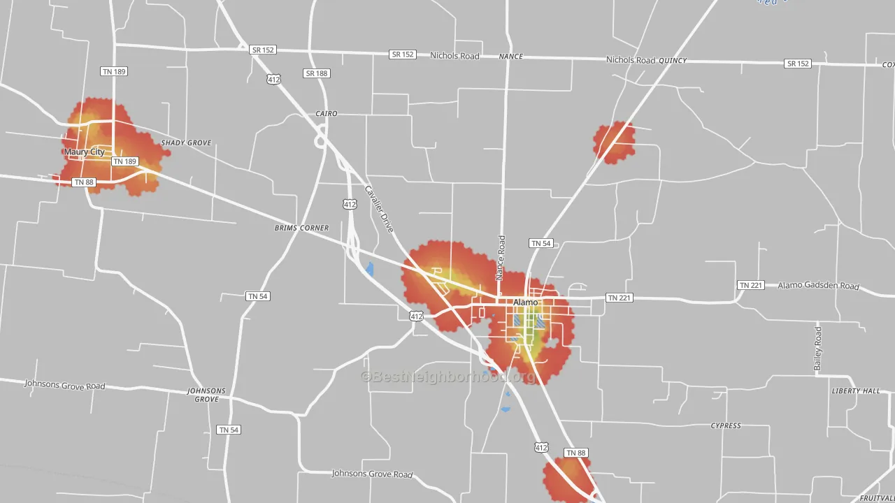 Walk Grade map of 38001, TN, walkable areas in green and car-dependent areas in red
