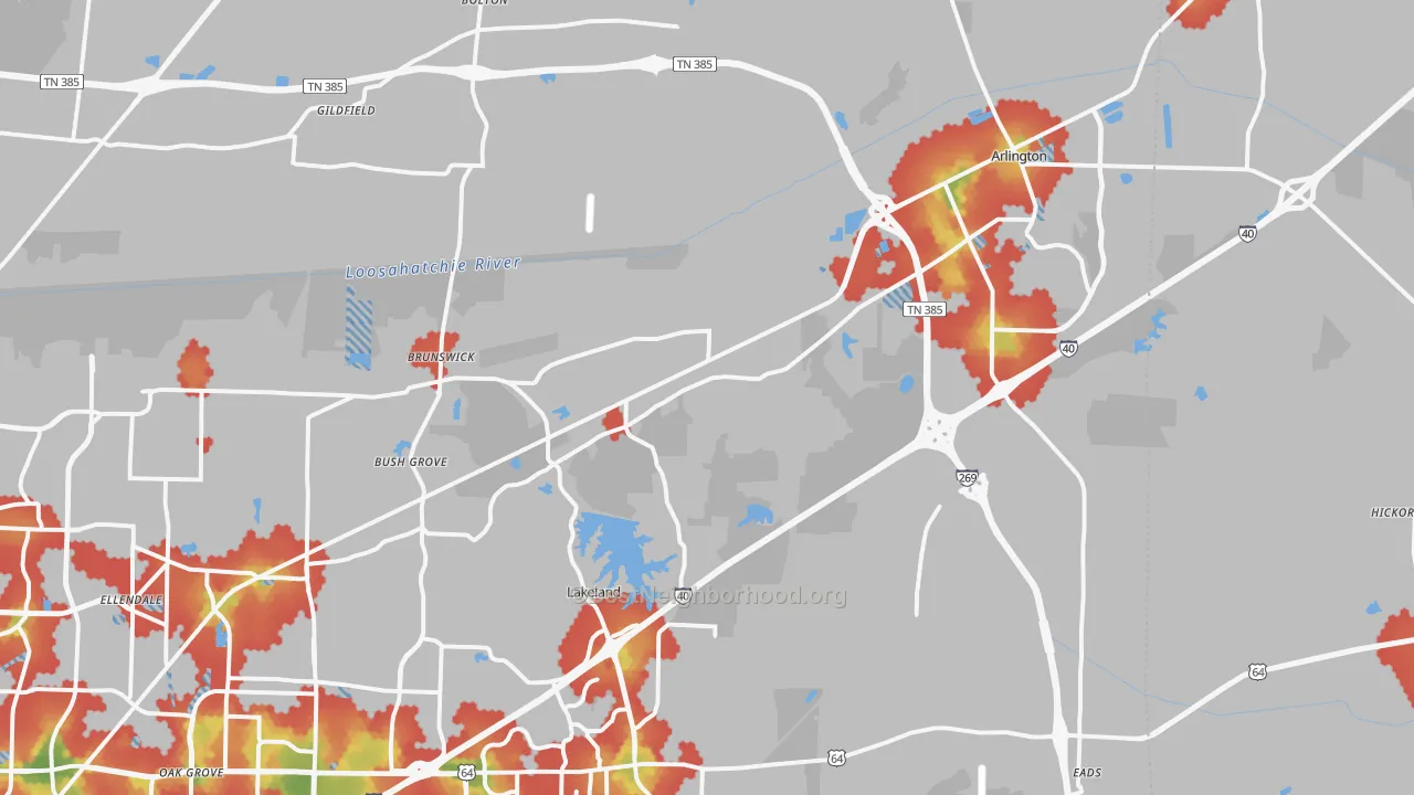 Walk Grade map of 38002, TN, walkable areas in green and car-dependent areas in red