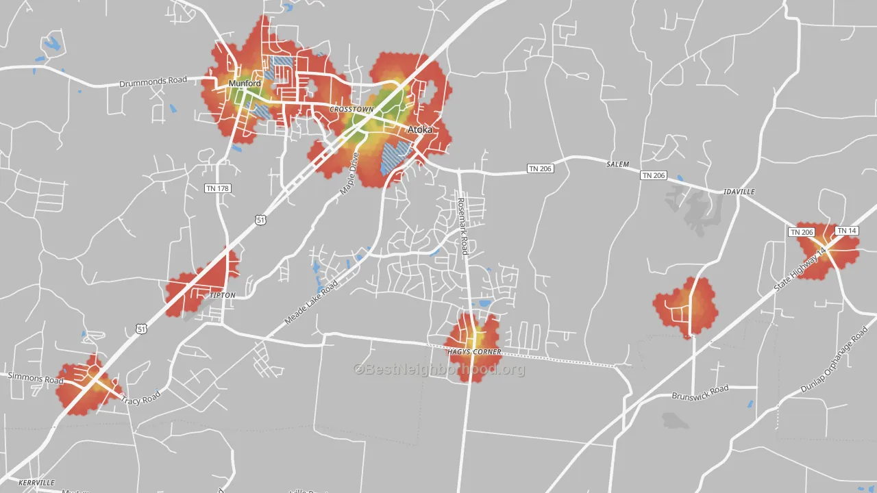 Walk Grade map of 38004, TN, walkable areas in green and car-dependent areas in red