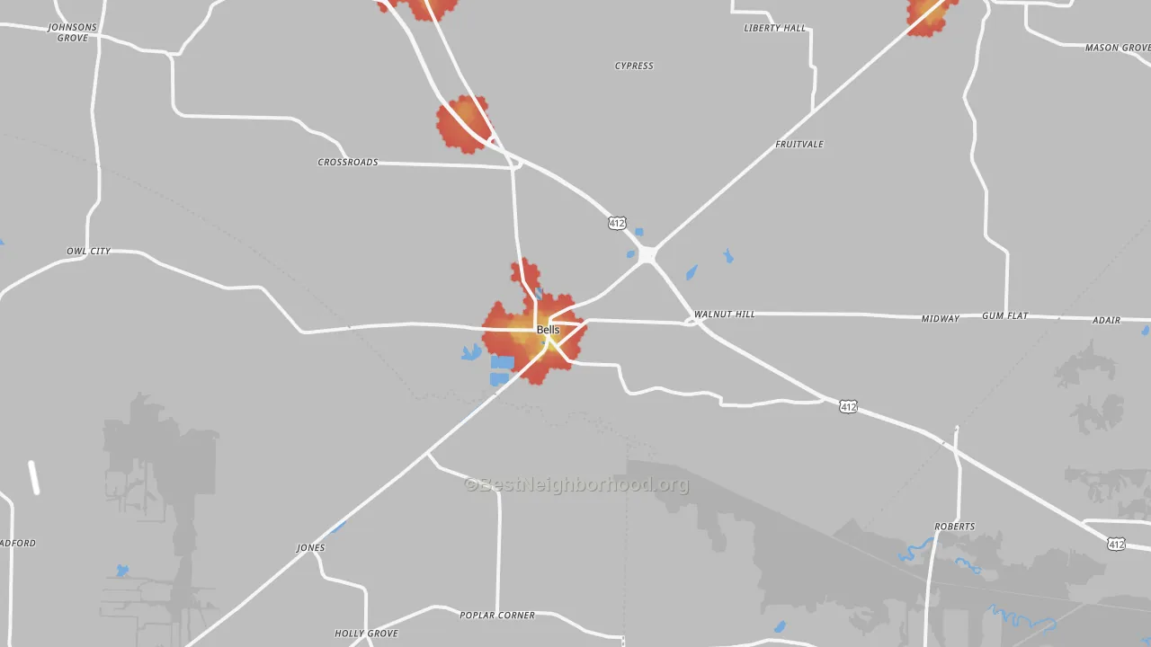 Walk Grade map of 38006, TN, walkable areas in green and car-dependent areas in red