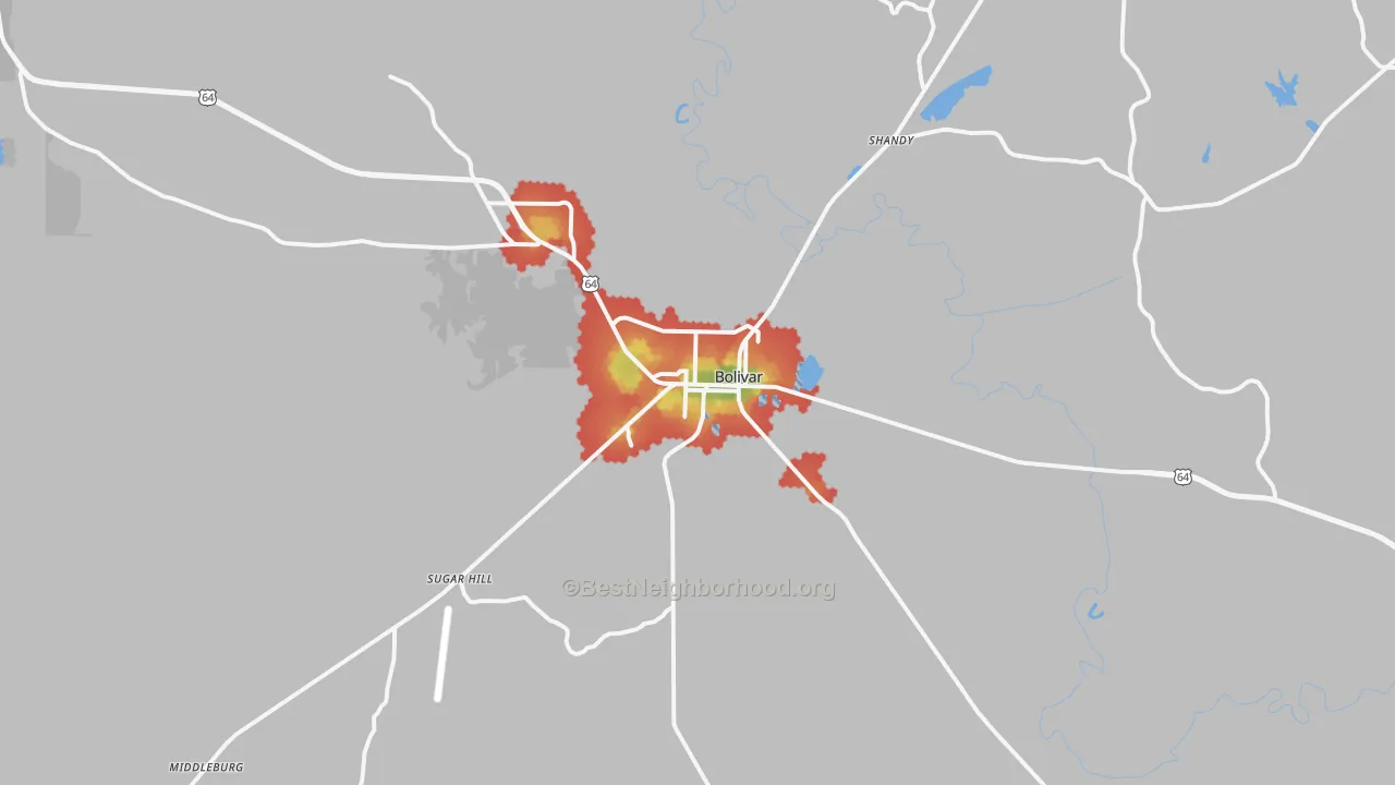 Walk Grade map of 38008, TN, walkable areas in green and car-dependent areas in red