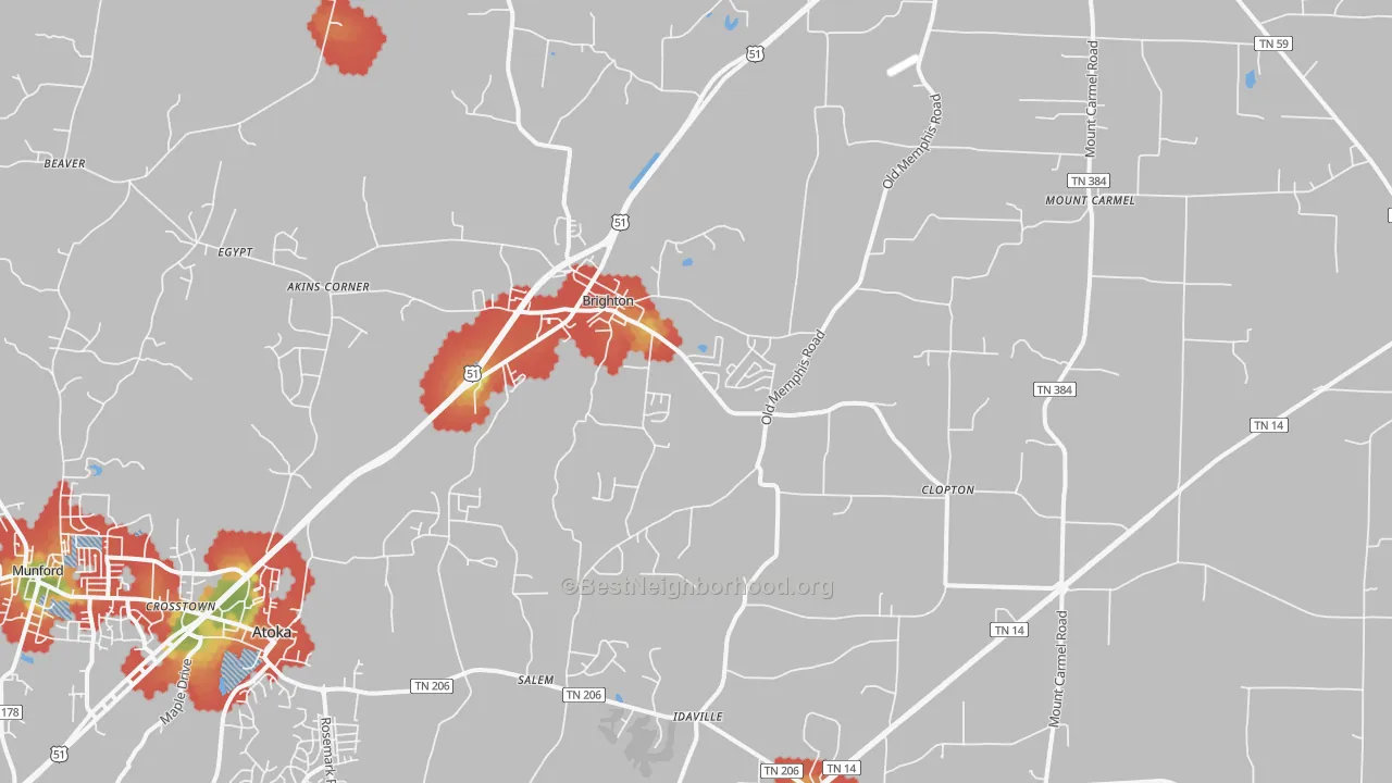 Walk Grade map of 38011, TN, walkable areas in green and car-dependent areas in red