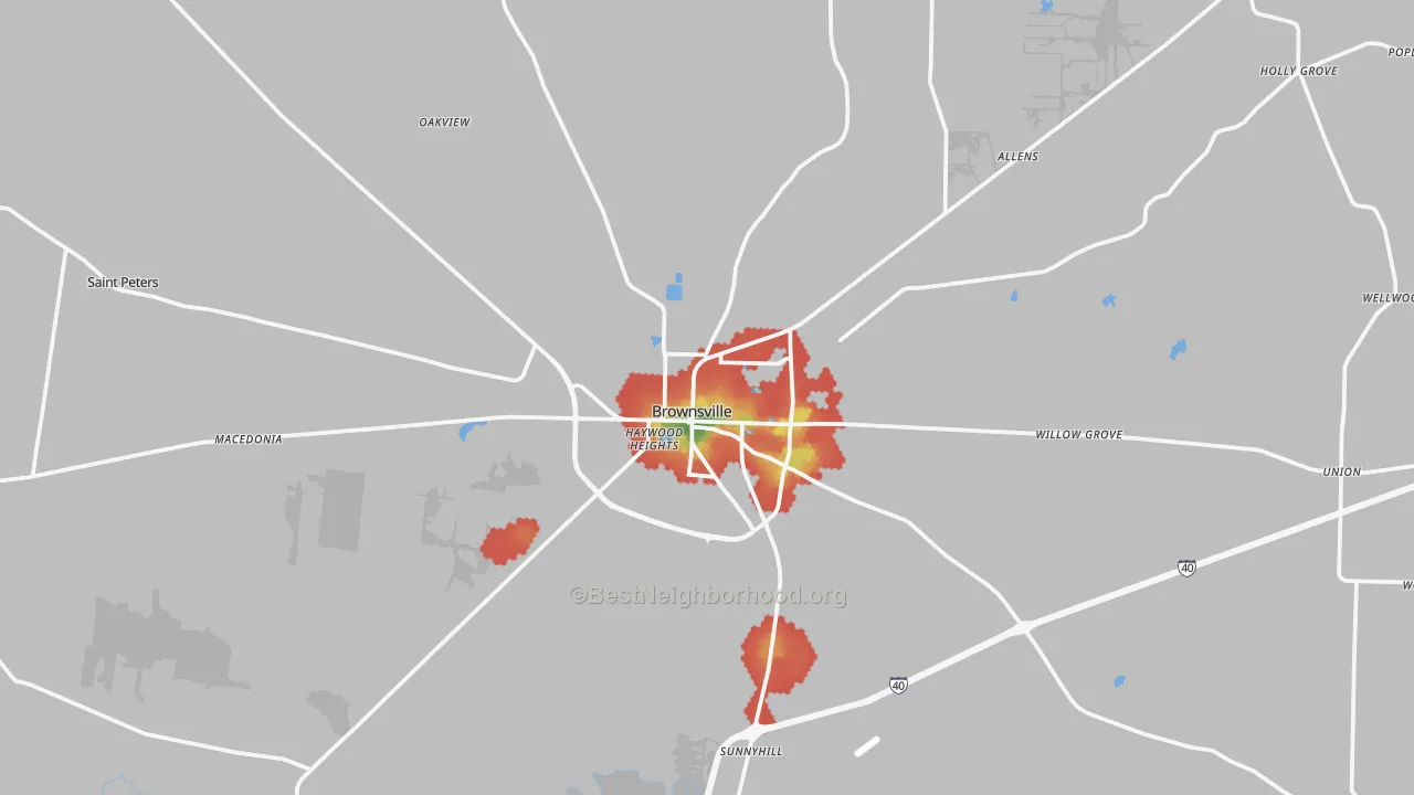 Walk Grade map of 38012, TN, walkable areas in green and car-dependent areas in red
