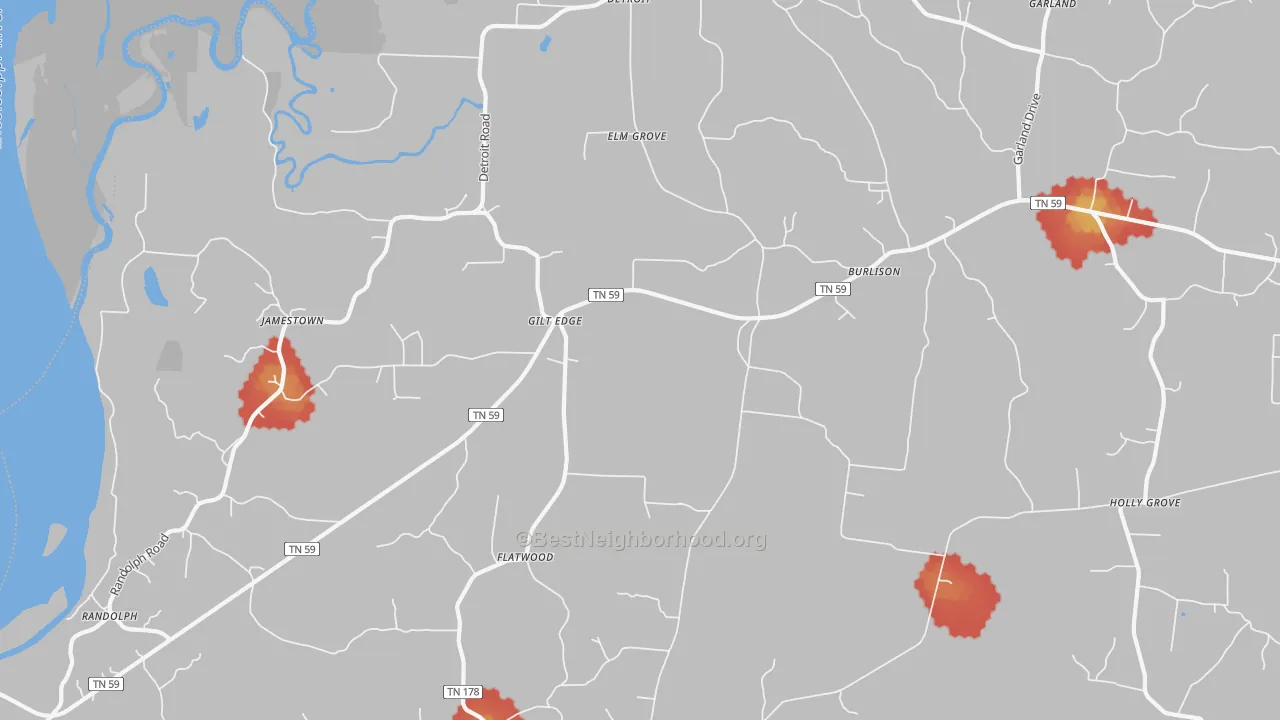Walk Grade map of 38015, TN, walkable areas in green and car-dependent areas in red