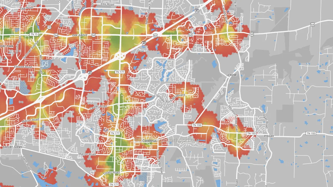Walk Grade map of 38016, TN, walkable areas in green and car-dependent areas in red