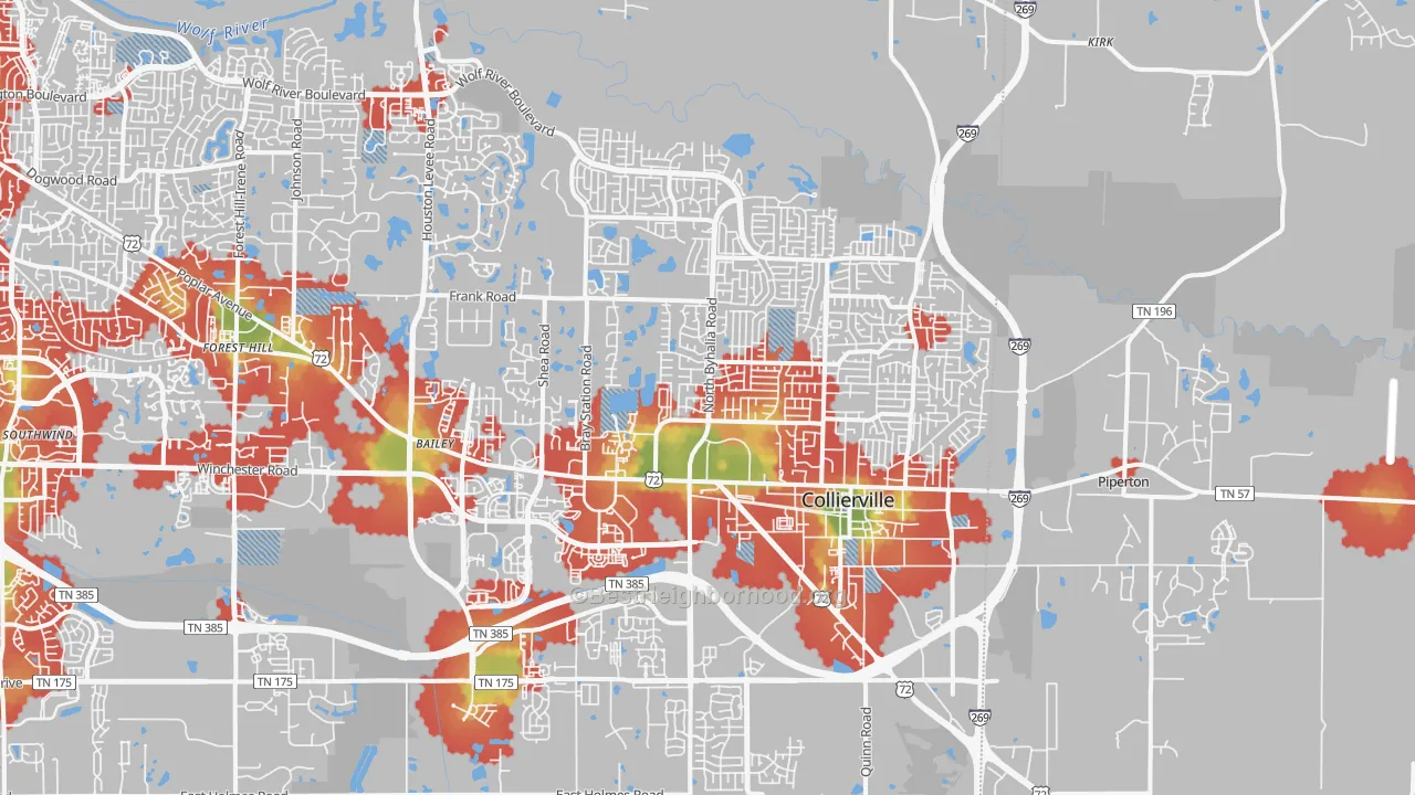 Walk Grade map of 38017, TN, walkable areas in green and car-dependent areas in red